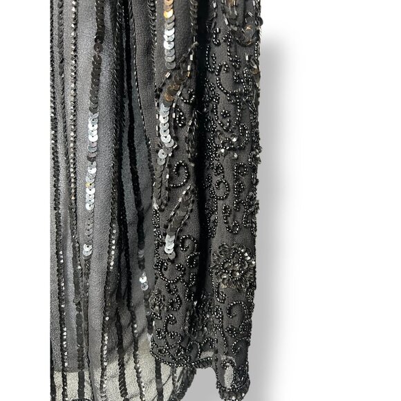 Vintage J Kara Sheer Black Sequin Beaded Blouse Evening Snap Ornate floral - Picture 2 of 9